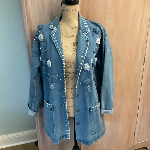 Vintage Carole Little Embroidered 90s Denim Jacket blazer embellished chambray - Picture 9 of 15